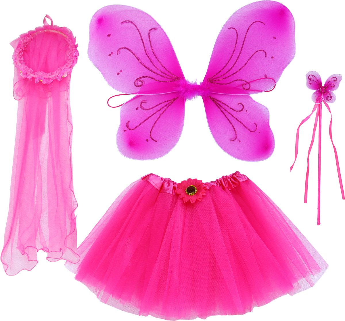 Joya Kids® Tuin Vlinder Fee Verkleedset voor Meisjes | Tutu verkleedkleding | Prinsessencape | Cape Set | Unicorn | Meisje Verkleedset | Carnvalskleding Halloween Meisjes | Met Haarband, Staf, Vleugels en Tutu | Hard Roze